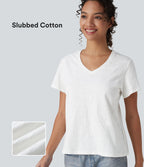 T-shirt casual ample col V manches courtes en coton slub