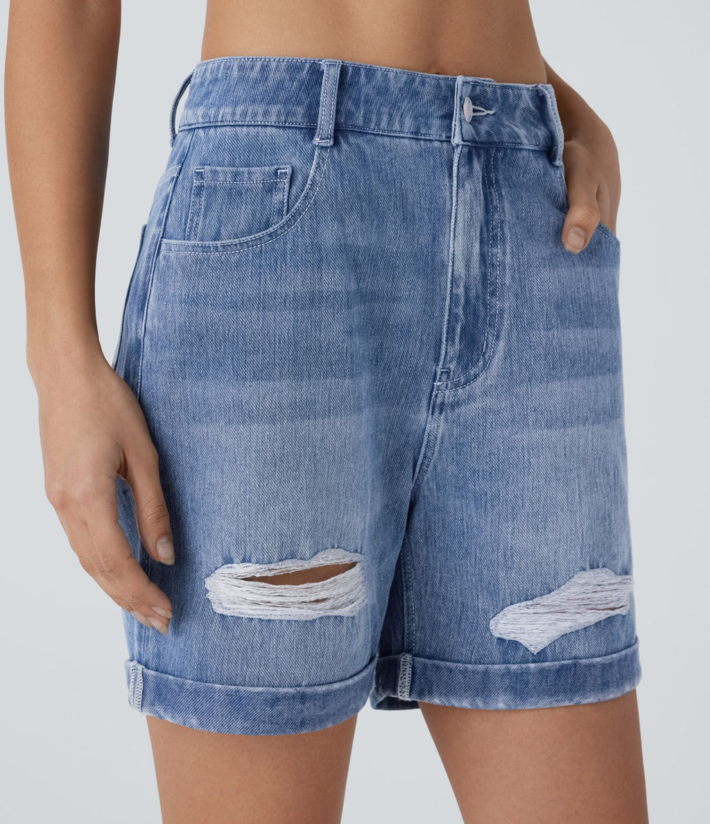 Halara Flex™ Short en denim extensible taille haute avec poches multiples, déchirures, ourlet roulotté et effet délavé