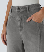 Jean décontracté Halara Flex™ taille haute extensible en maille avec bouton, fermeture éclair, poches multiples et effet délavé