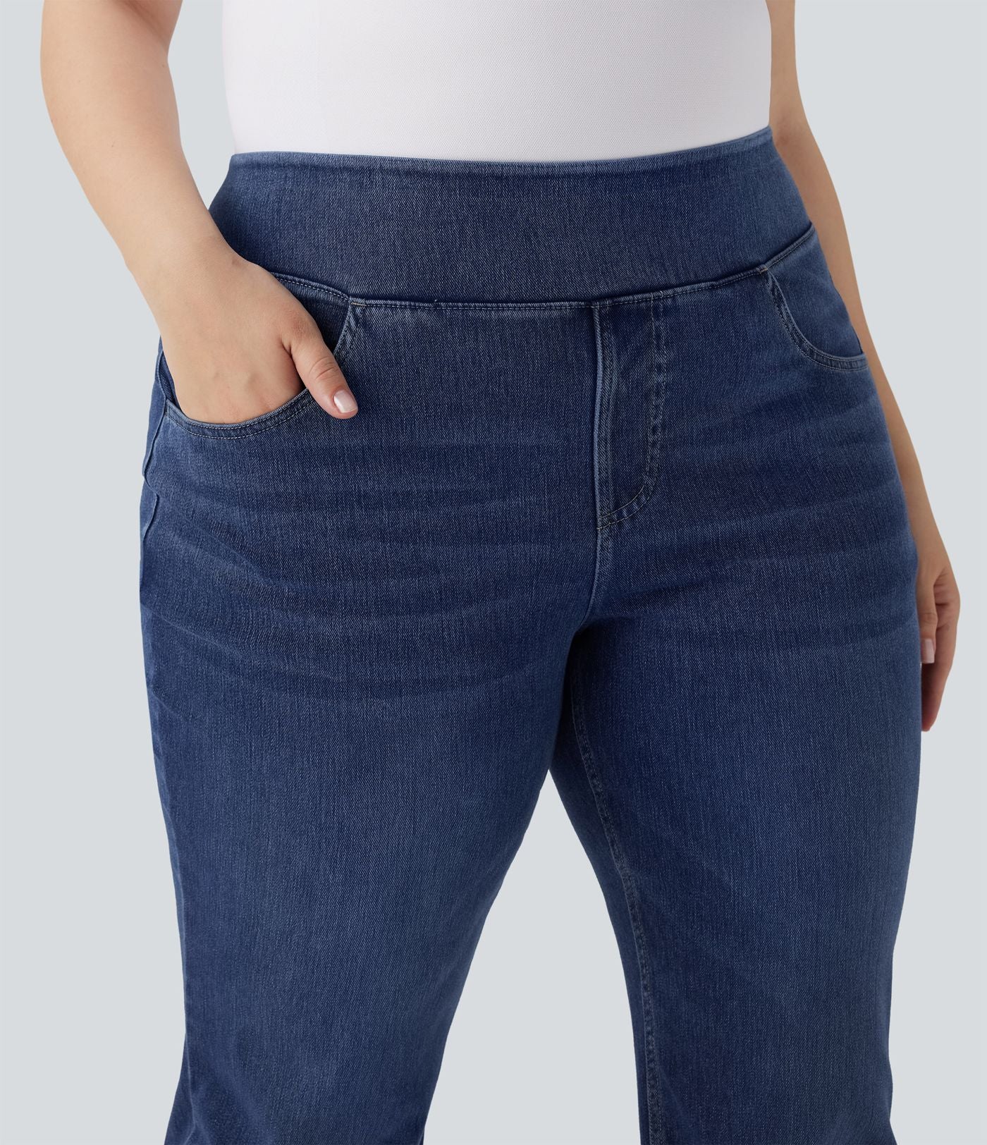 Jean décontracté Halara Flex™ grande taille bootcut taille haute en maille extensible délavée avec multiples poches