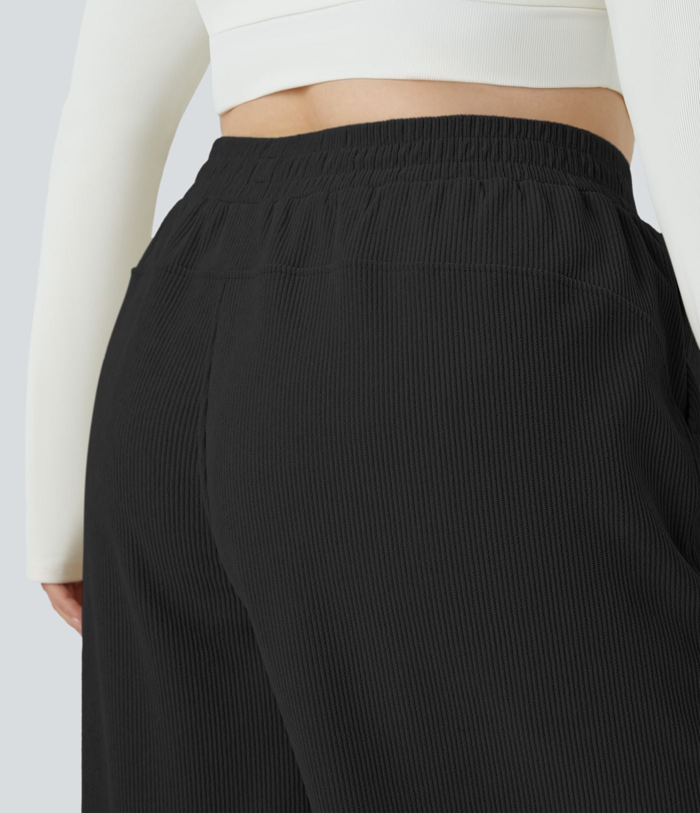 Pantalon décontracté grande taille en velours côtelé coupe droite taille haute avec poches latérales