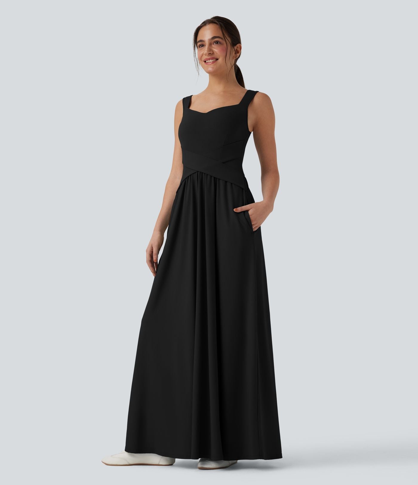 Robe maxi fluide dos nu, avec brassière intégrée et poches