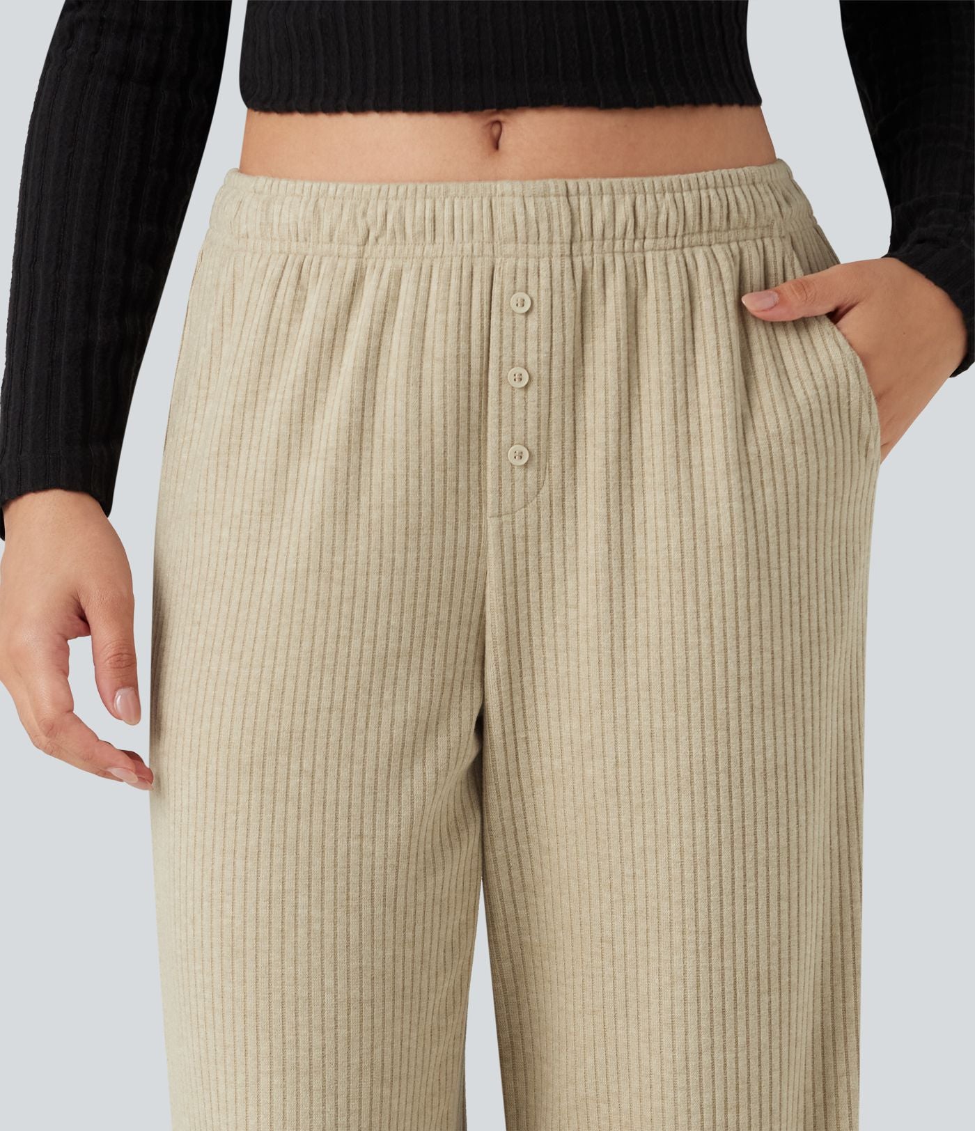Pantalon large côtelé taille basse pliable avec cordon de serrage et poches