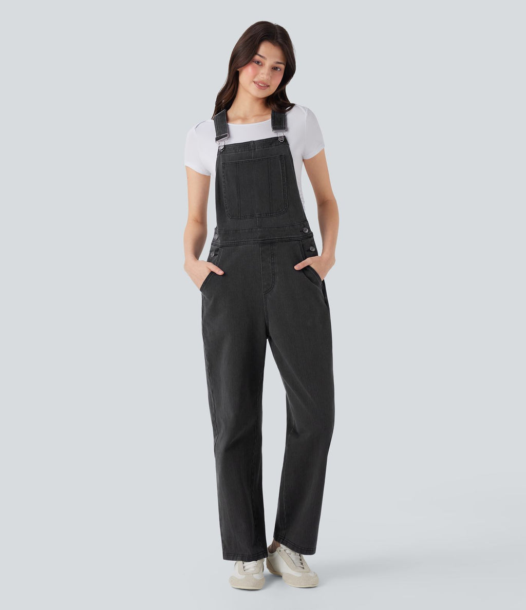 Salopette casual denim Halara Flex™ jambe droite maille extensible avec boutons et multiples poches