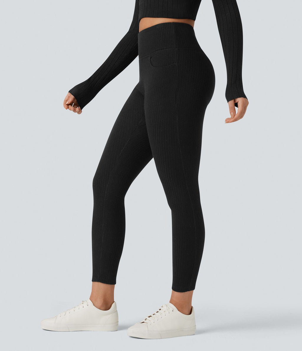 Legging côtelé croisé dans le dos taille haute avec poches