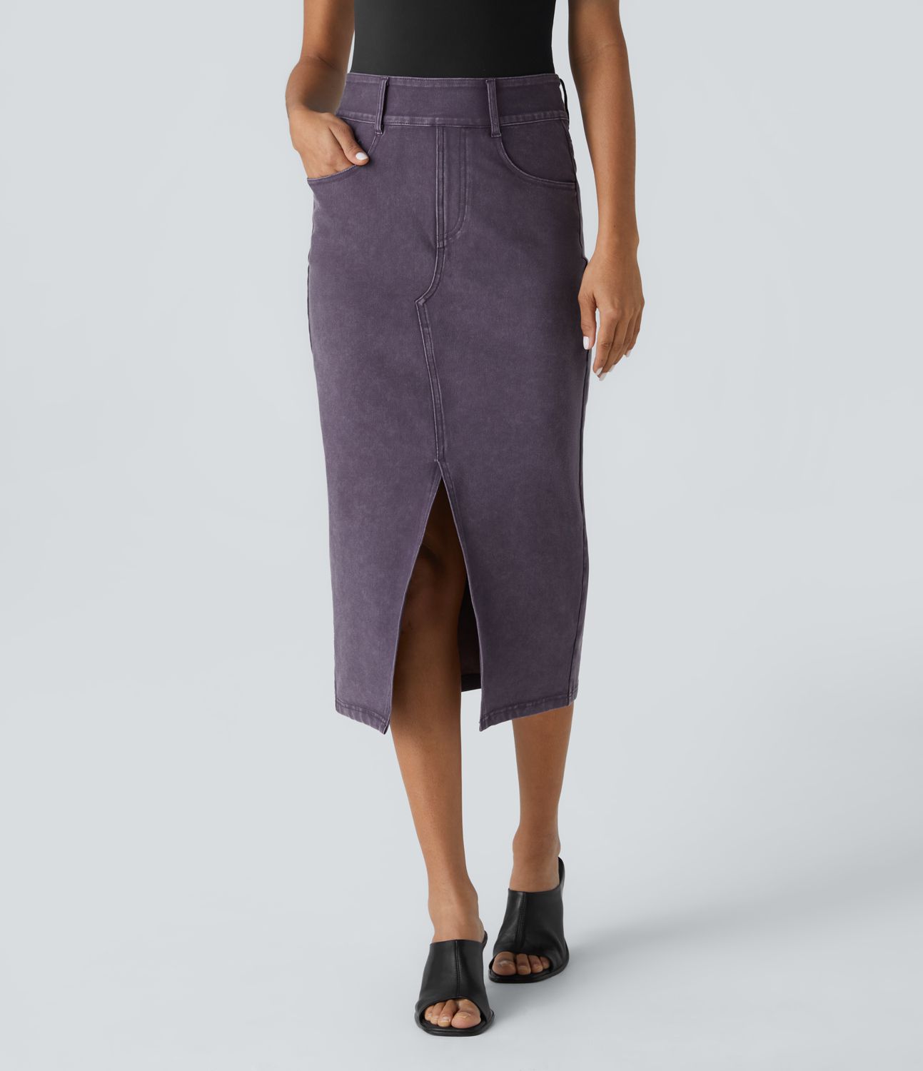 Halara Flex™ Jupe Mi-longue Casual En Denim Extensible Coloré A Poches Multiples Taille Haute