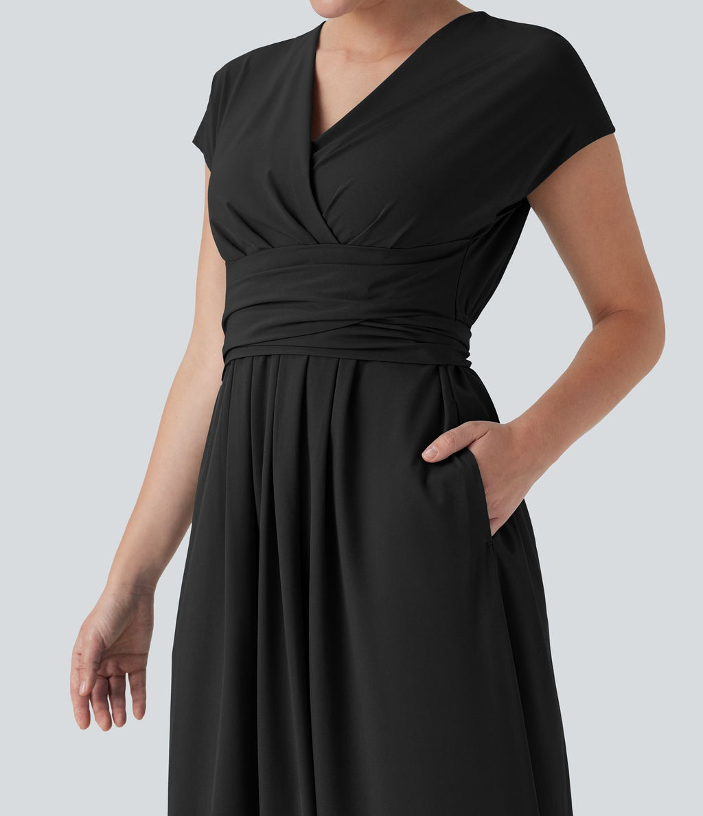 Robe midi Breezeful™ col V manches courtes à liens dans le dos séchage rapide avec poches latérales