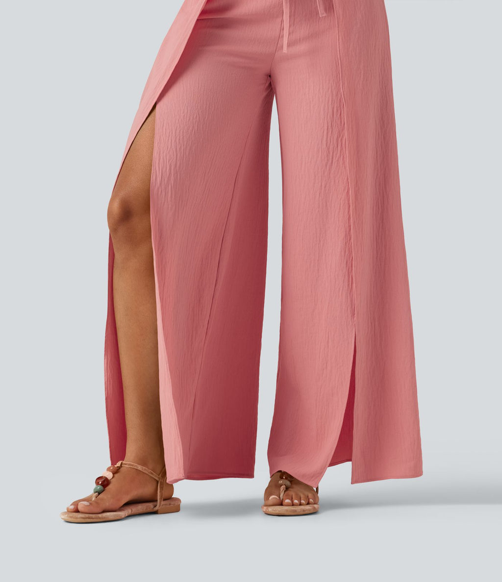 Pantalon ample fluide effet lin taille haute avec laçage