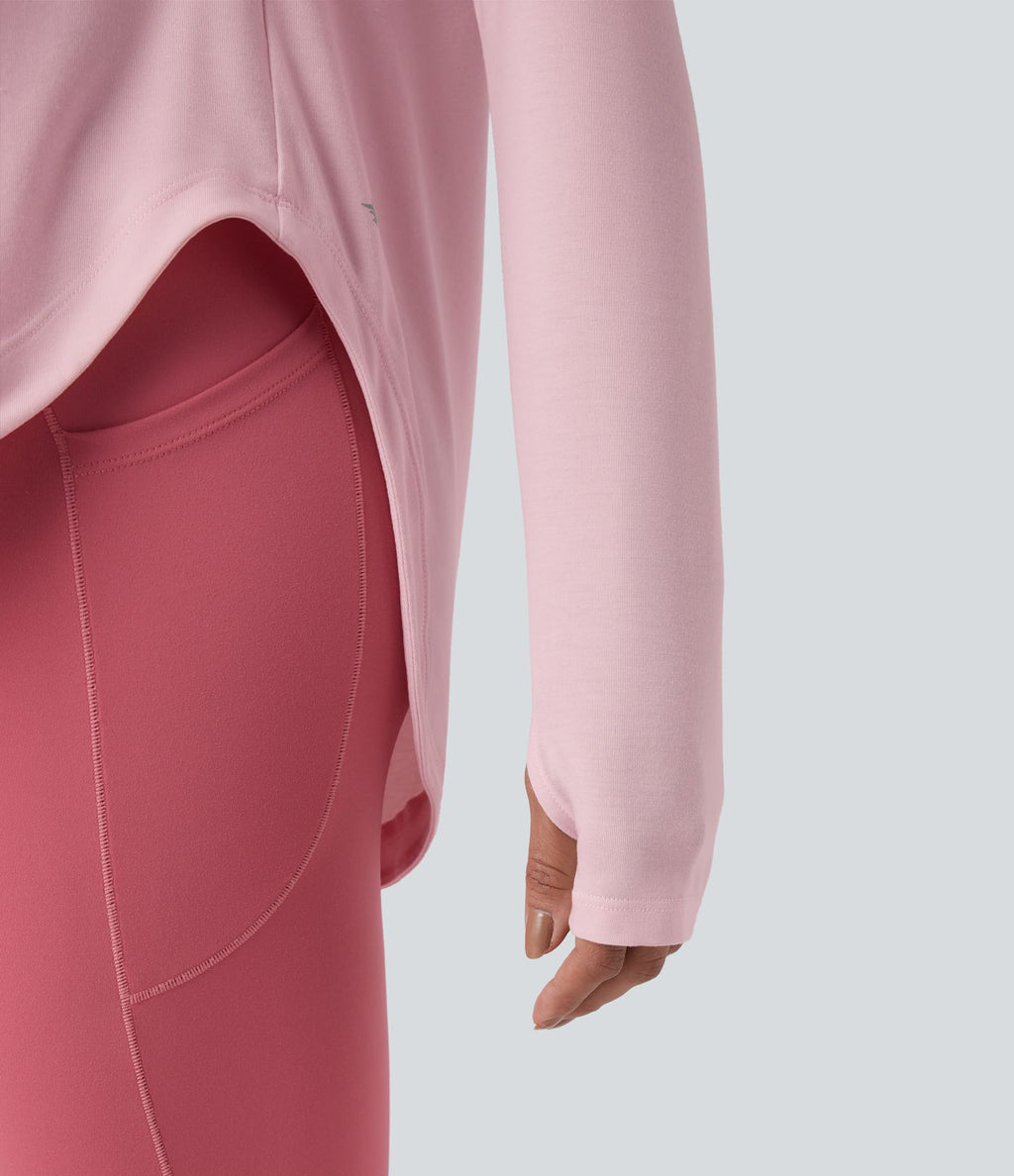 Top de sport yoga une épaule séchage rapide ourlet arrondi asymétrique manches longues avec trous pouces - Brassière intégrée