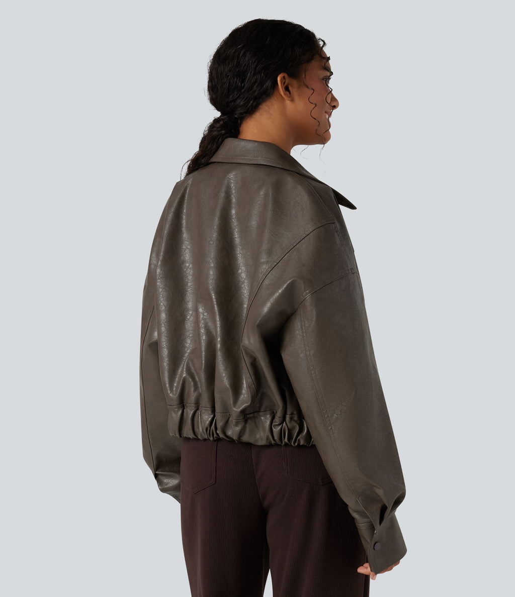 Veste décontractée en tissu enduit à fermeture éclair et manches longues avec poches