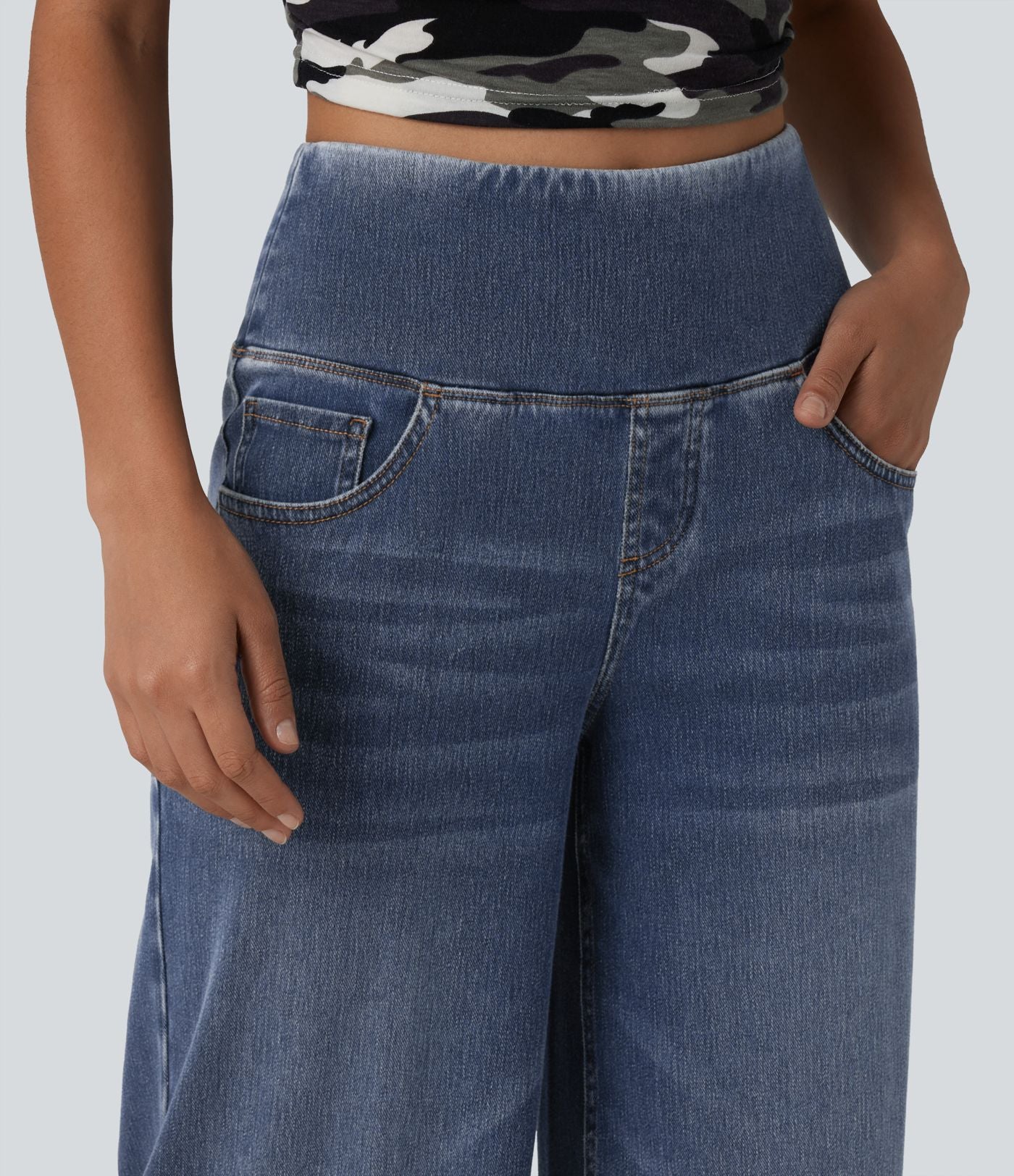 Halara Flex™ Jean large casual 7/8 ventre plat taille haute avec ourlet arrondi et poches