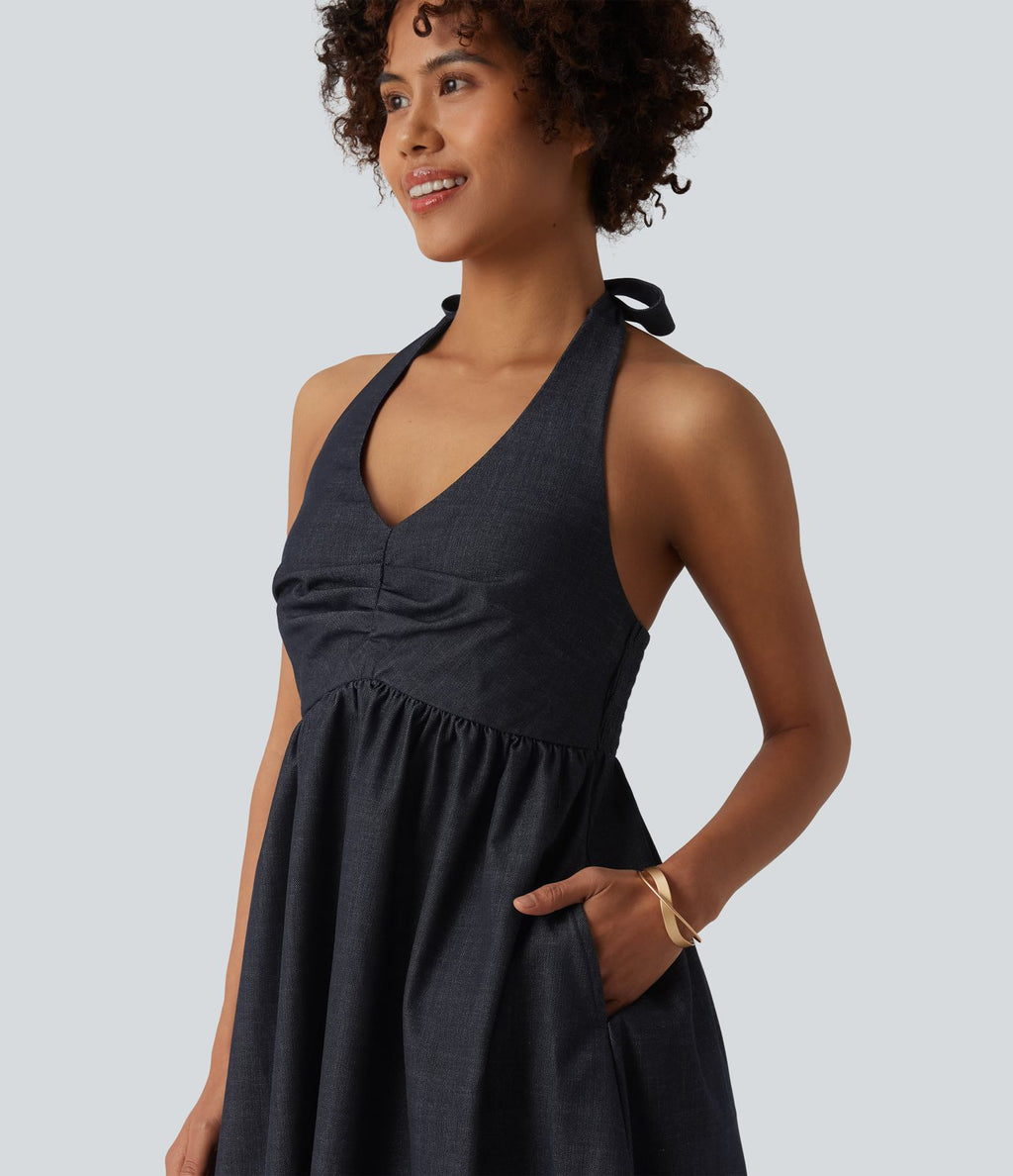 Robe resort dos-nu dos nu à smocks aspect jean avec poches