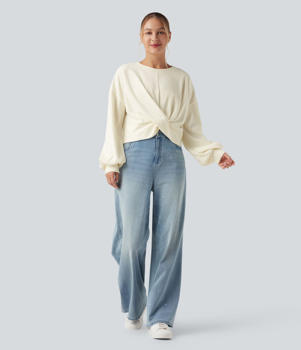 Sweatshirt casual côtelé maille col rond manches longues avec ourlet torsadé