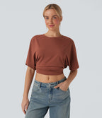 Haut casual crop col rond manches courtes fentes liens dos