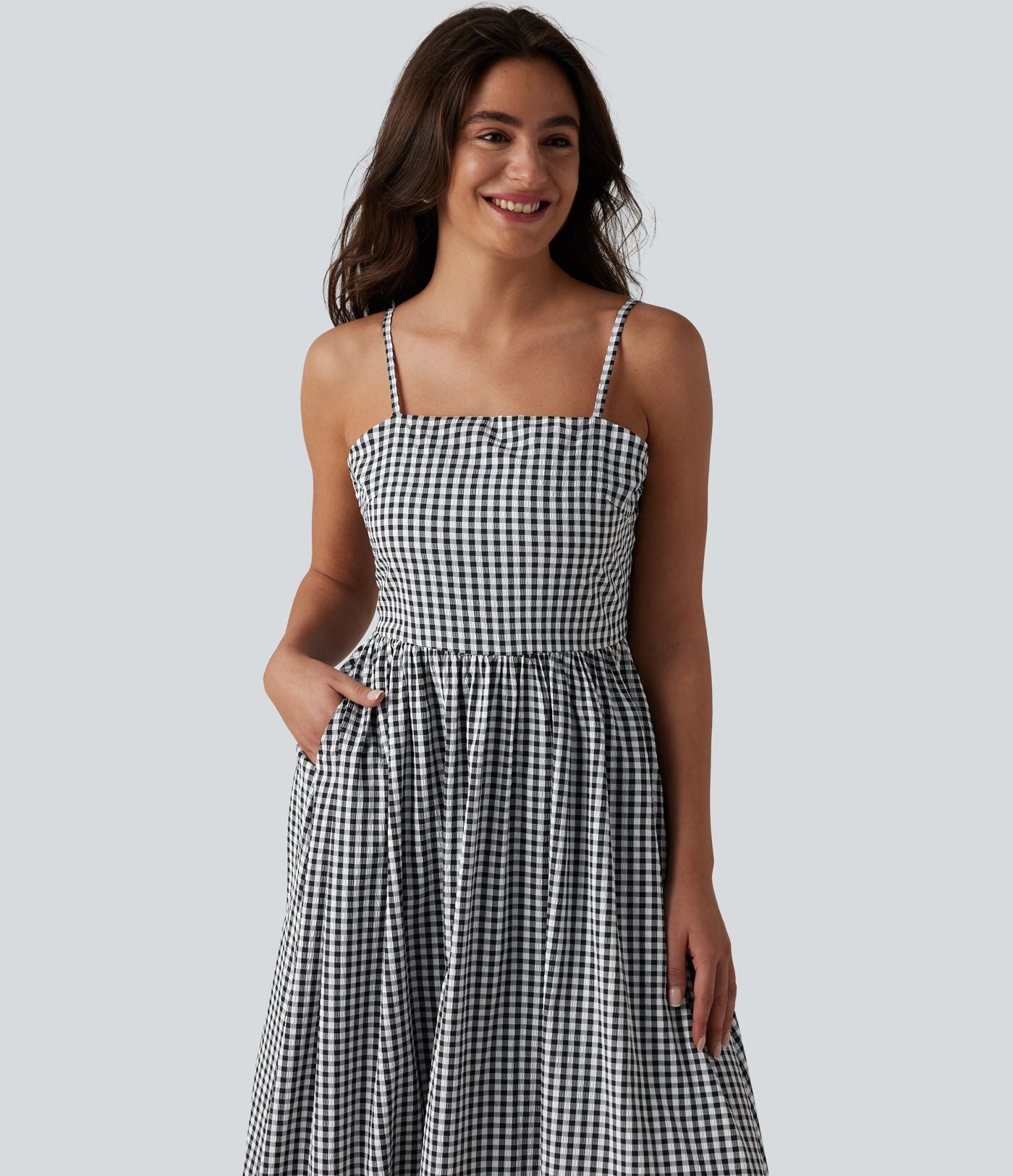 Robe longue fluide décontractée à bretelles motif vichy avec fermeture éclair invisible et poches