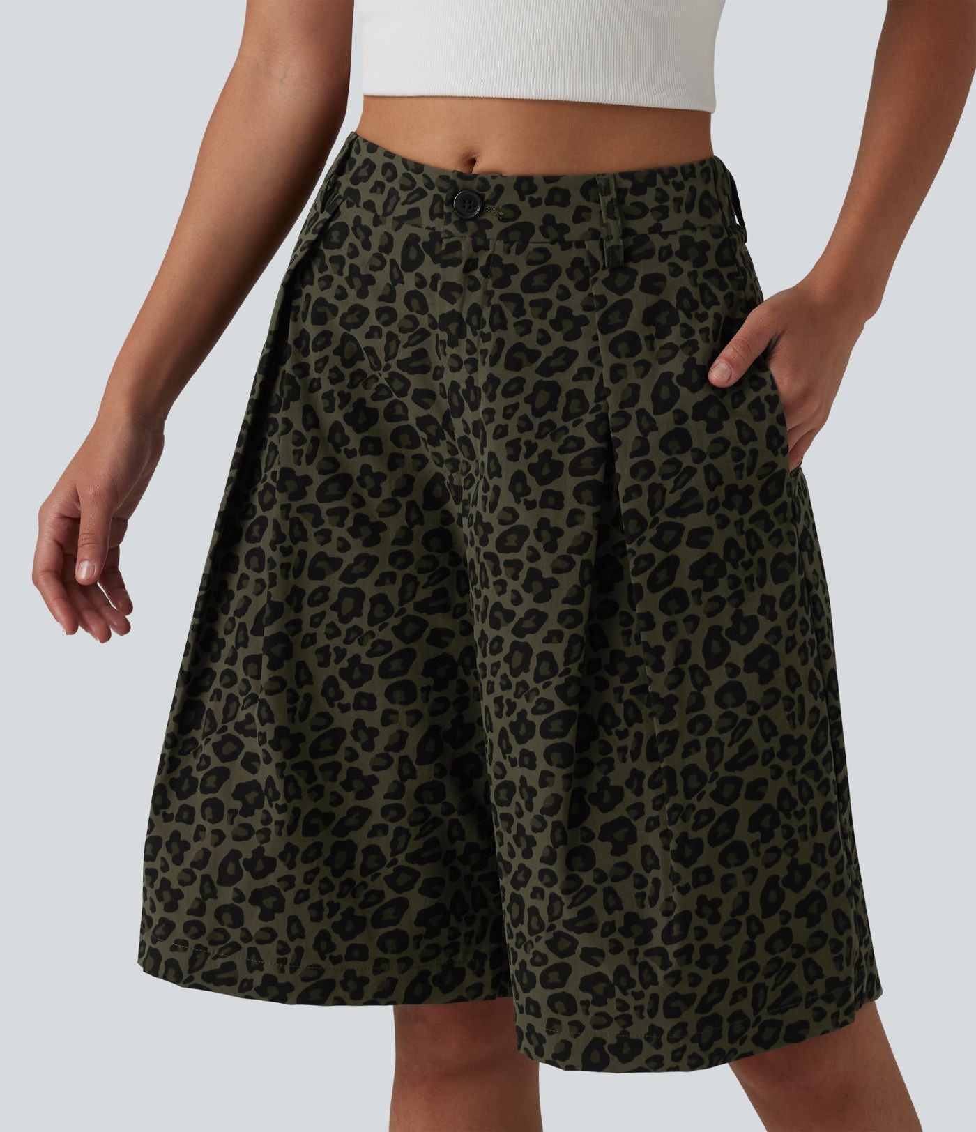 Short ample décontracté à imprimé léopard taille mi-haute, 25 cm, avec poches