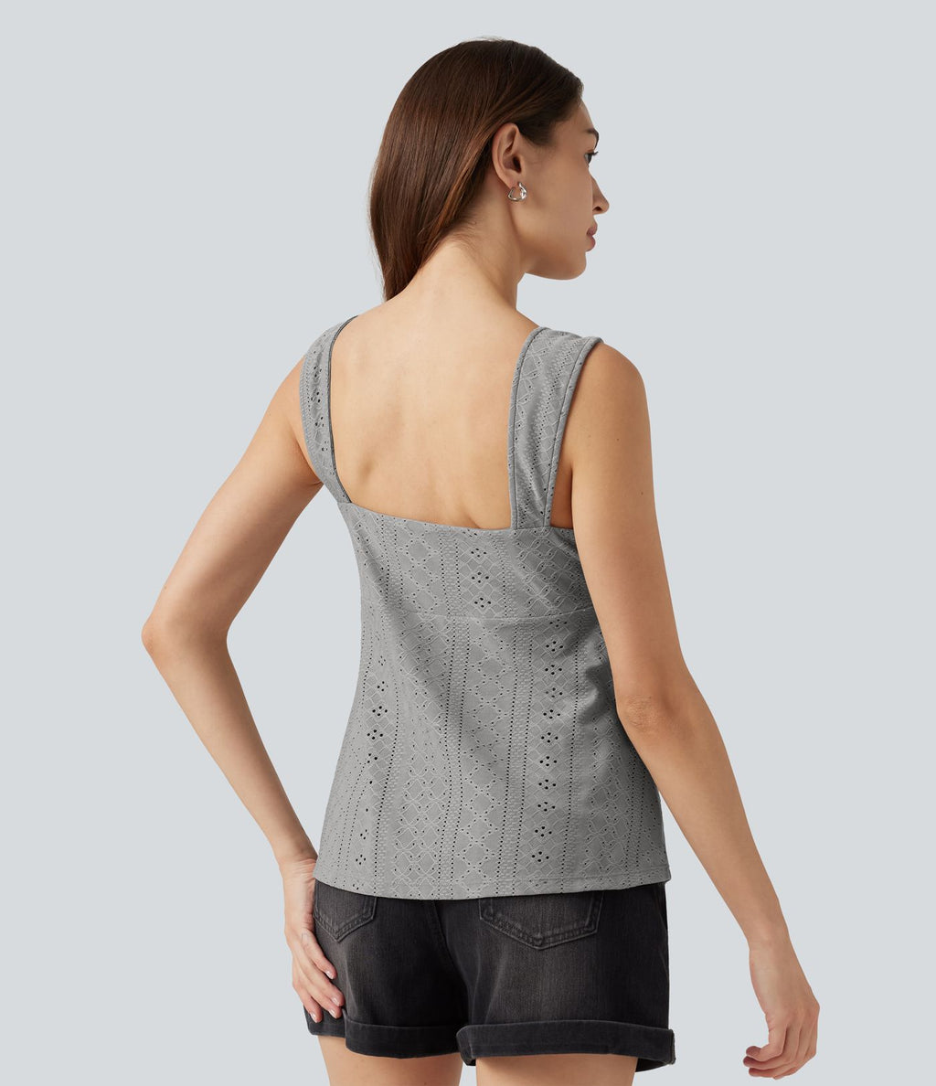 Débardeur décontracté froncé avec cordon de serrage, broderie anglaise et soutien-gorge intégré
