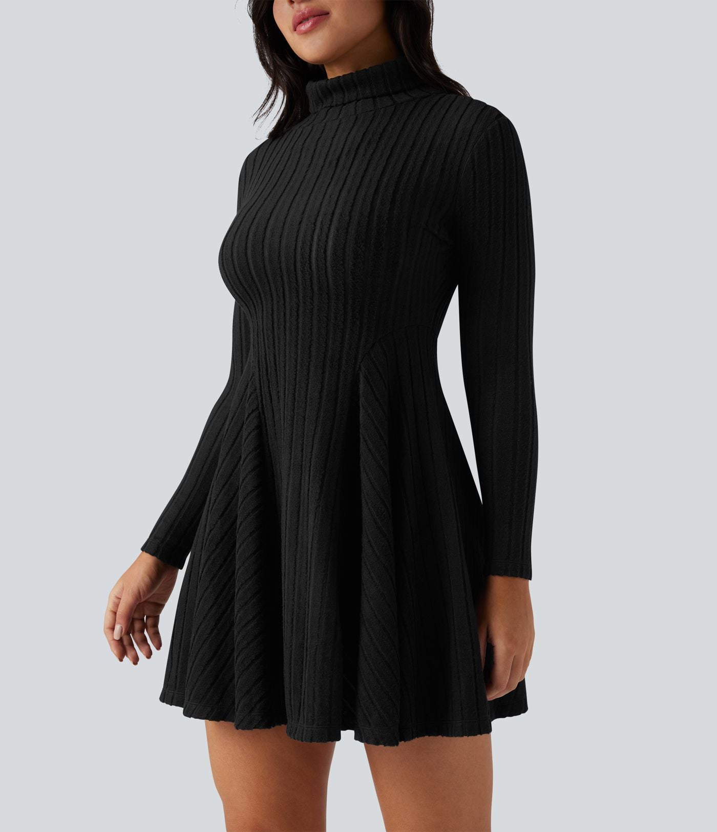 Robe mini évasée col montant à manches longues en maille côtelée