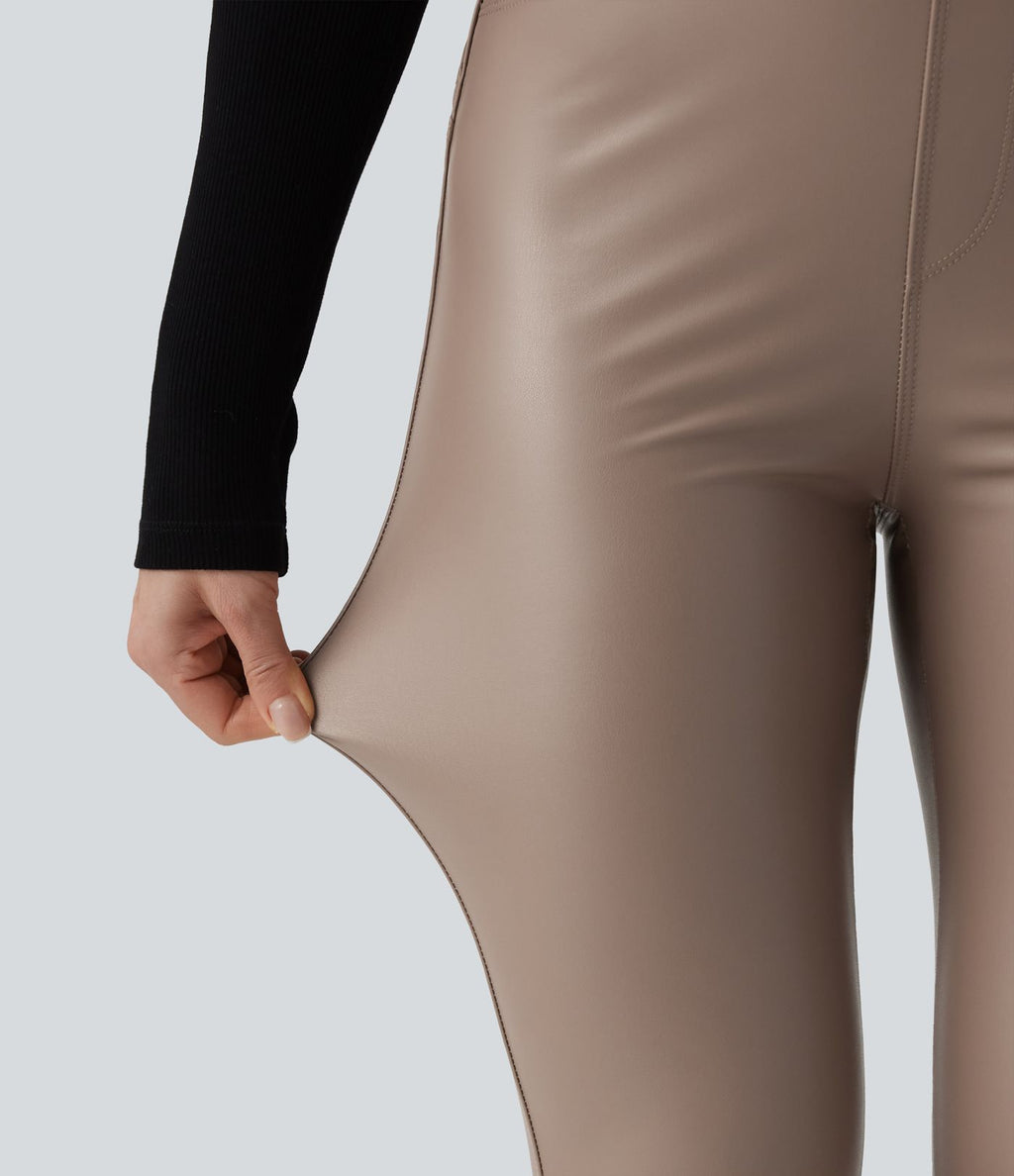 Pantalon polaire simili cuir extensible taille haute avec poches
