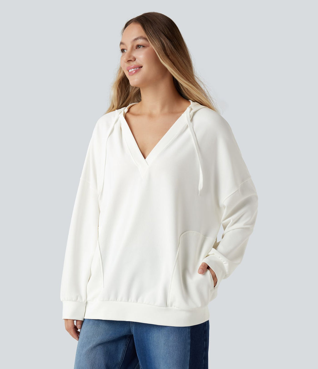 Sweat-shirt à capuche col V manches longues coupe décontractée avec poches