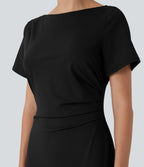 Robe tailleur mi-longue moulante manches courtes froncée
