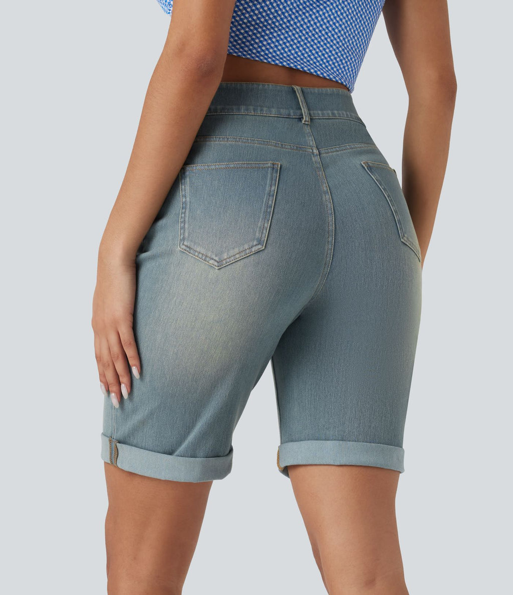 Bermuda décontracté en jean extensible délavé Halara Flex™ taille haute avec revers et multiples poches