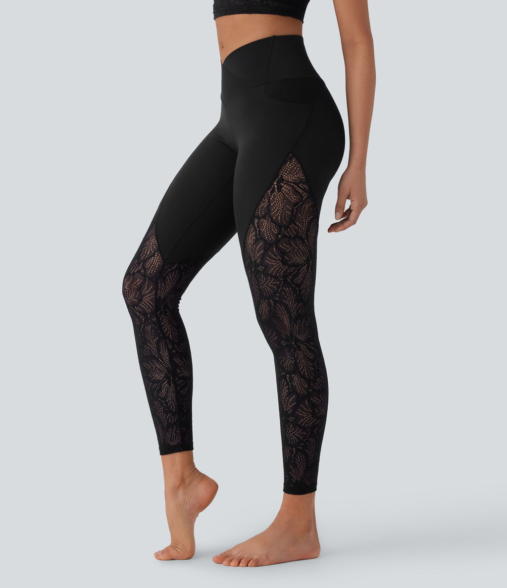 Legging de yoga 7/8 taille haute avec poches latérales, dos croisé et dentelle contrastante Softlyzero™-UPF50+