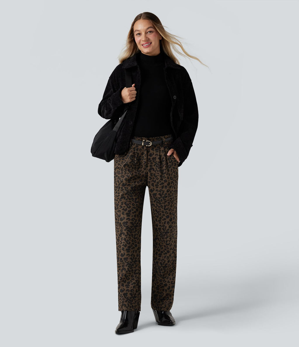 Pantalon velours côtelé imprimé léopard coupe droite taille mi-haute avec poches