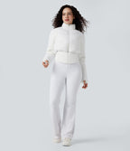 PuffFlex Manteau doudoune 3-en-1 court casual à col montant et veste à ourlet arrondi avec passants pouces et poche