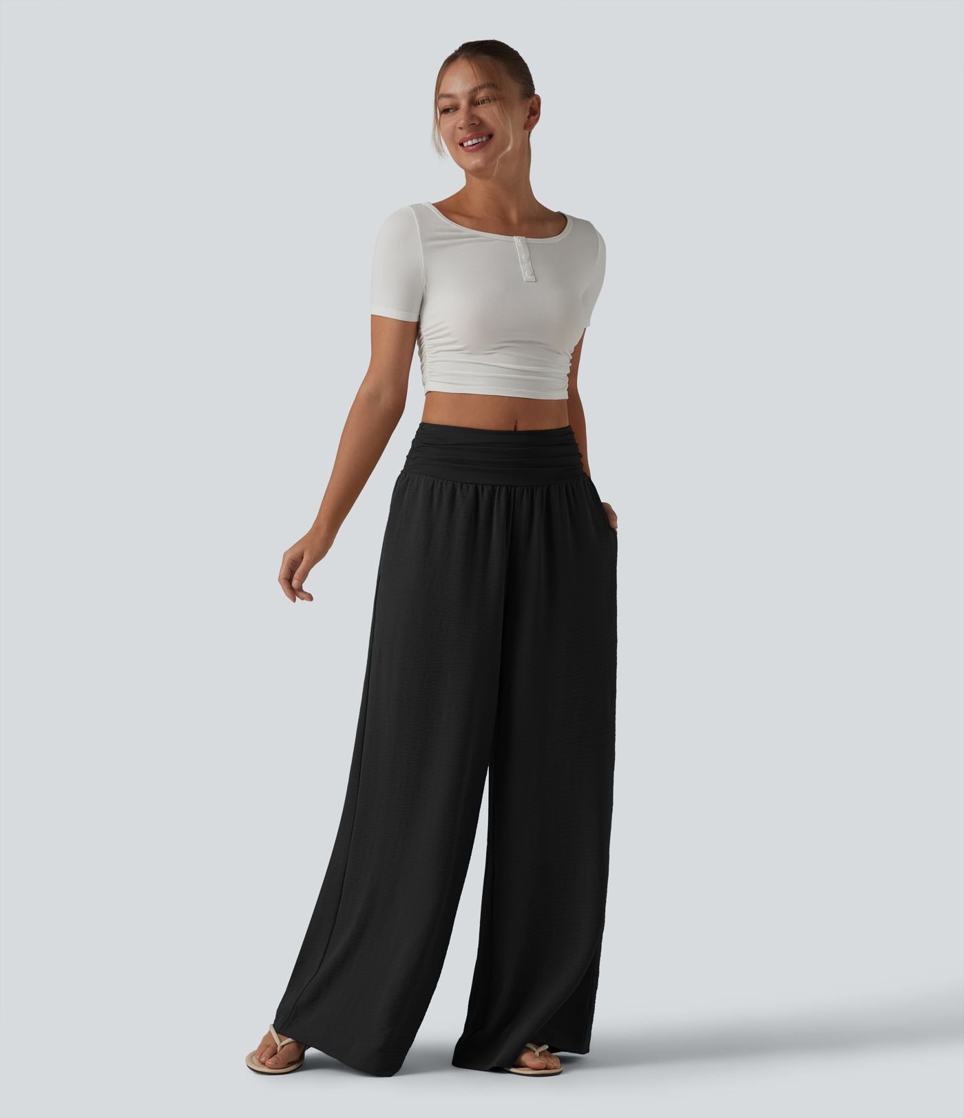Pantalon ample taille haute ventre plat aspect lin avec fronces et poches