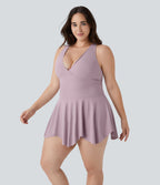 Robe Casual Grande Taille Mini 2-en-1 à Col en V Profond Dos Nu Dos Nageur Sans Manches avec Poches Latérales
