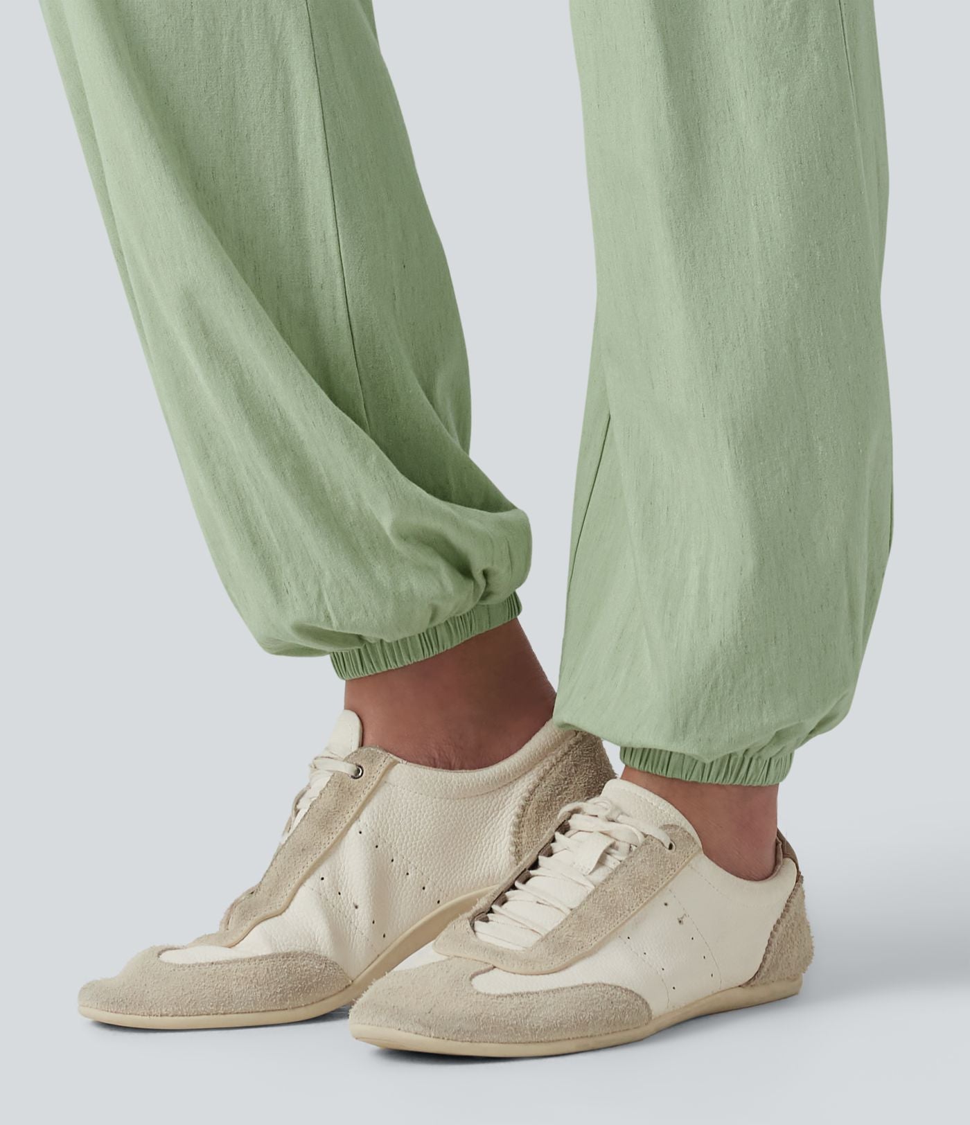 Jogging bouffant casual en lin extensible à taille haute croisée avec poches