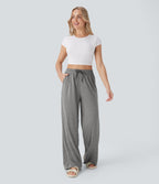 Pantalon large décontracté taille haute avec cordon de serrage et poches latérales