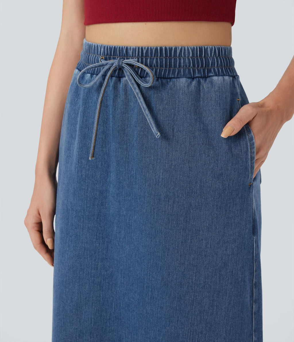 Jupe midi décontractée en denim Halara Flex™ taille haute avec cordon, fente et poches