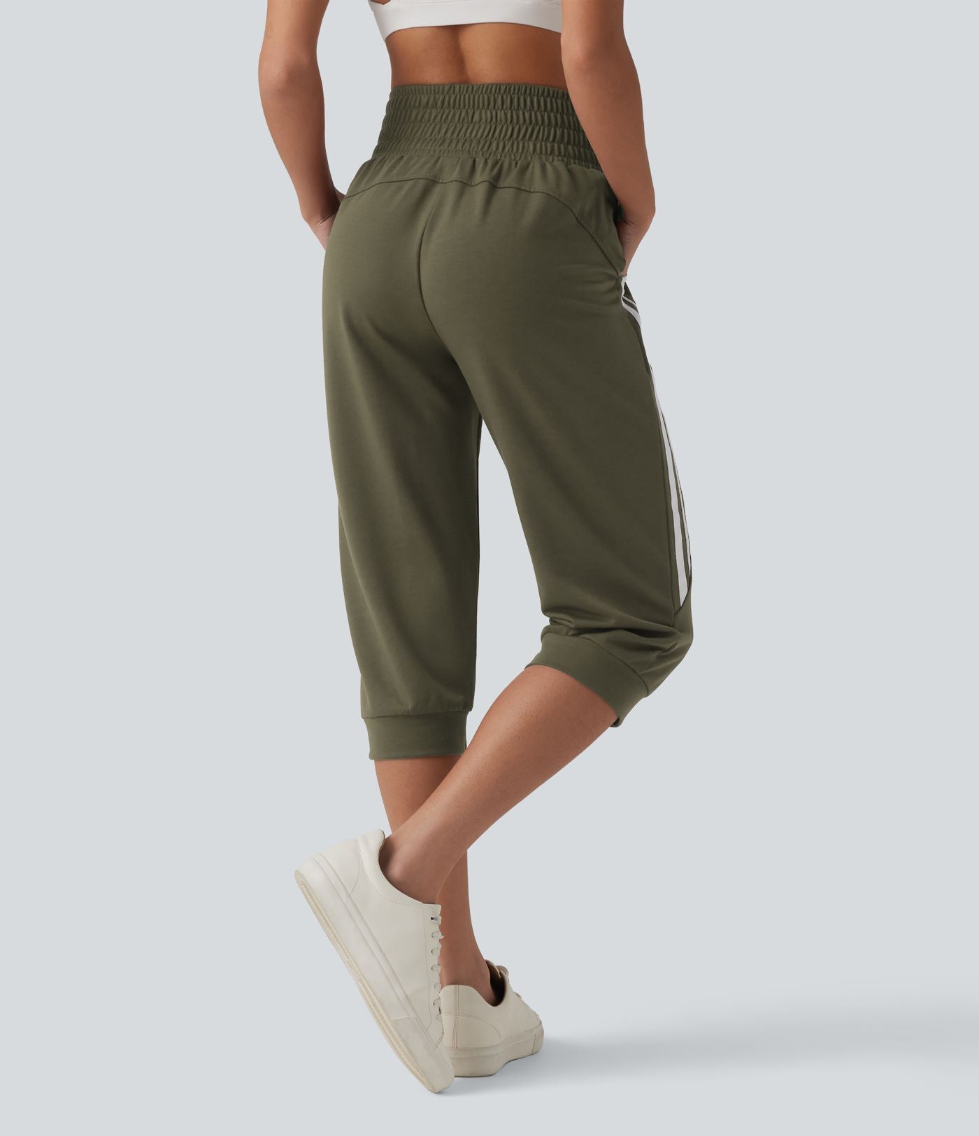 Jogging casual capri à rayures taille haute avec cordon de serrage et poches