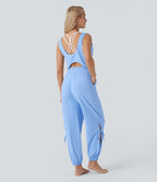 Combinaison de yoga col bateau sans manches dos nu avec découpes et poches latérales à cordon de serrage effet frais InstantCool, protection solaire UPF50+