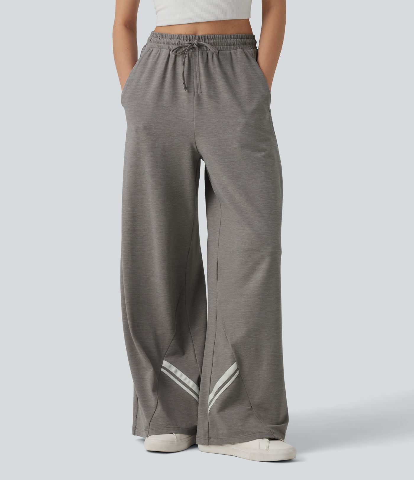 Pantalon large décontracté color block taille haute avec cordon de serrage et poches