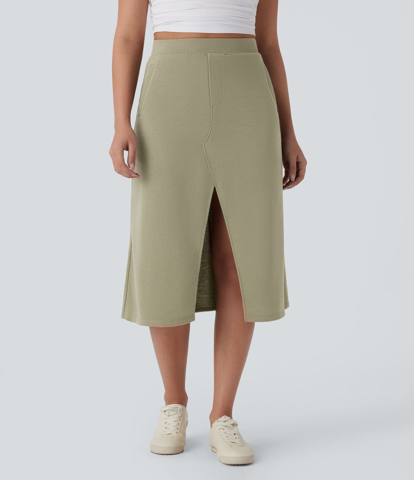 Jupe midi décontractée taille haute fendue avec poches latérales