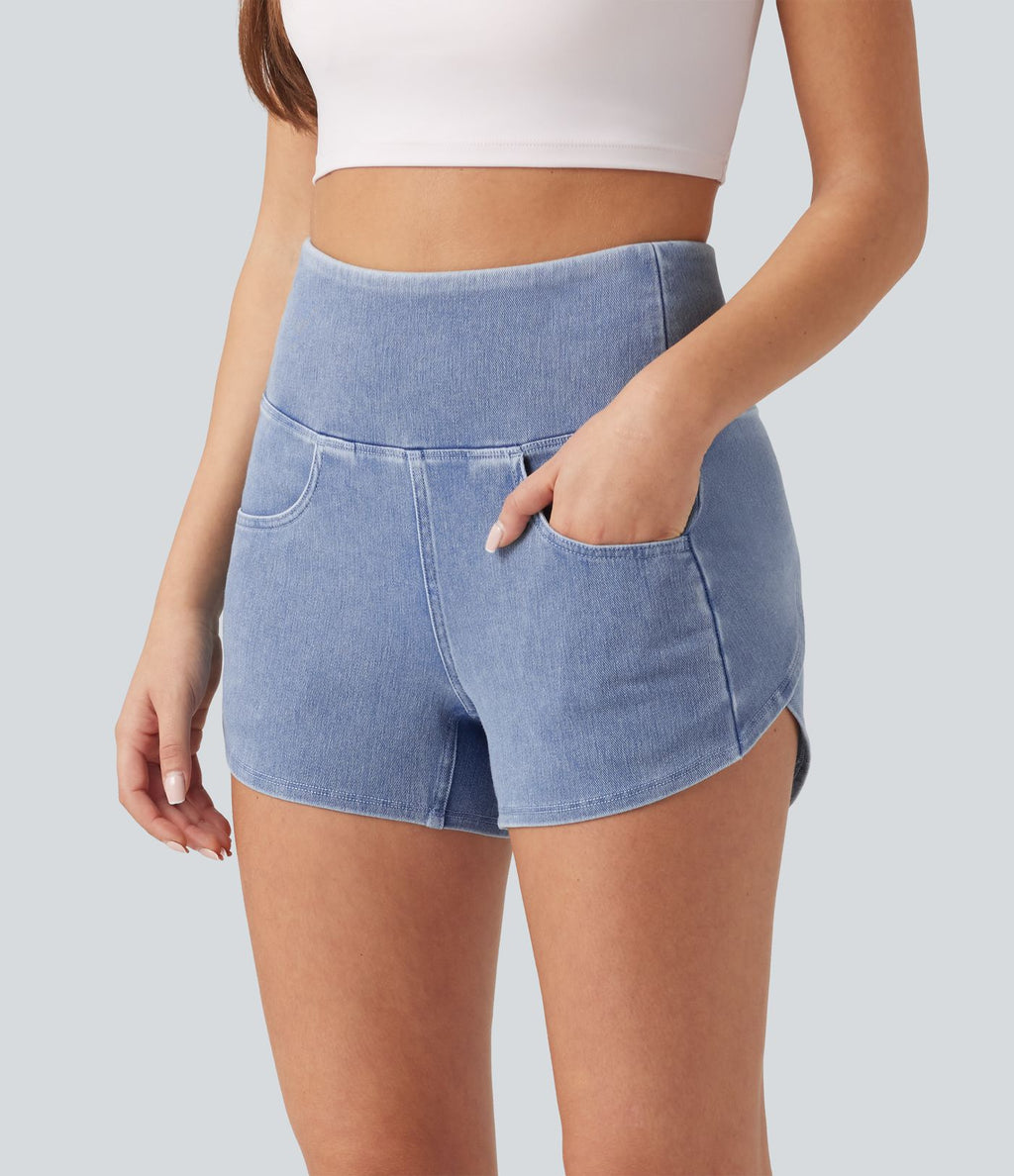 Halara Flex™ Short casual en jean skinny gainant taille haute à ourlet arrondi avec poches