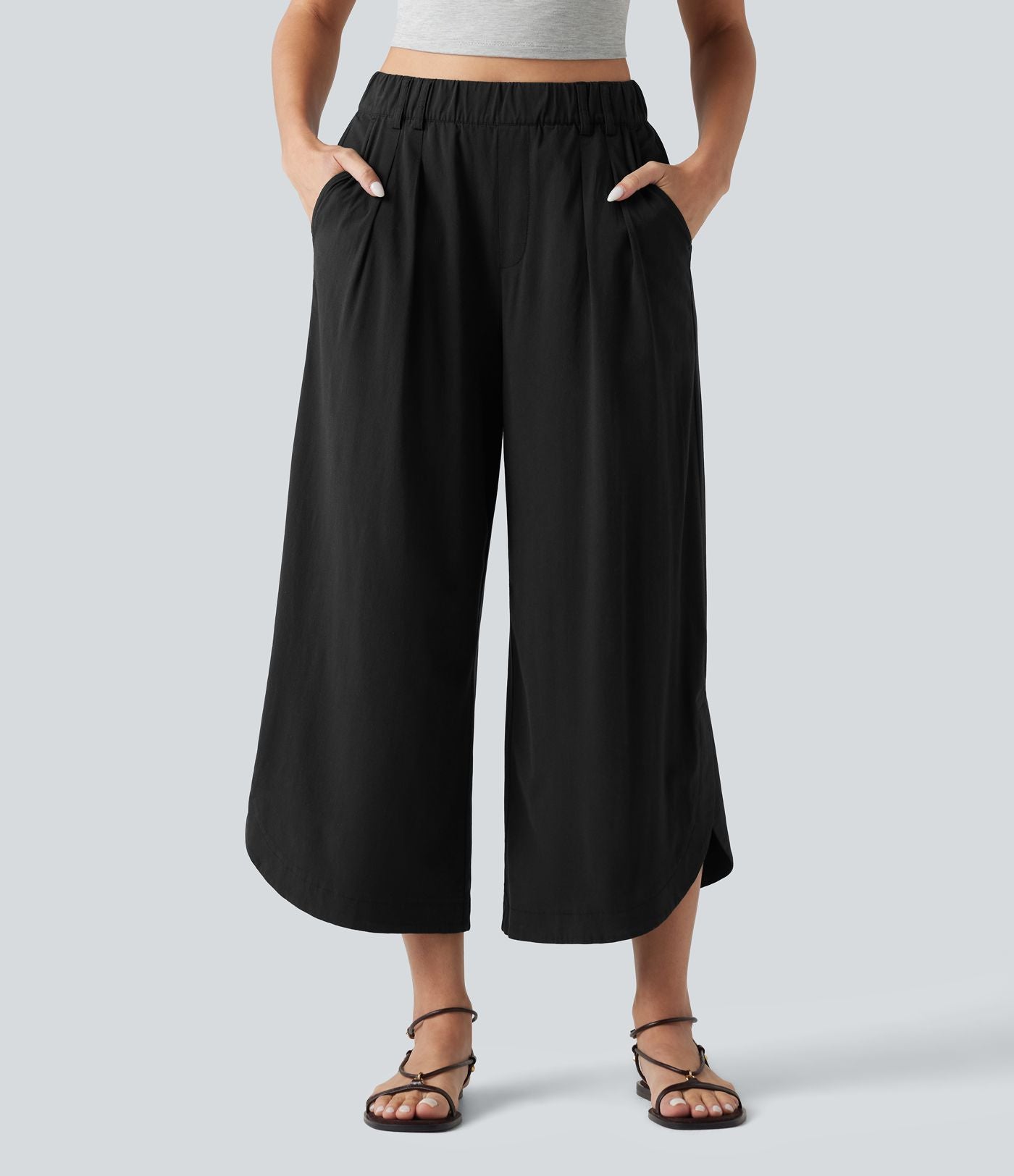 Pantalon large fluide casual raccourci taille haute avec ourlet arrondi, tissu extensible aspect lin et poches