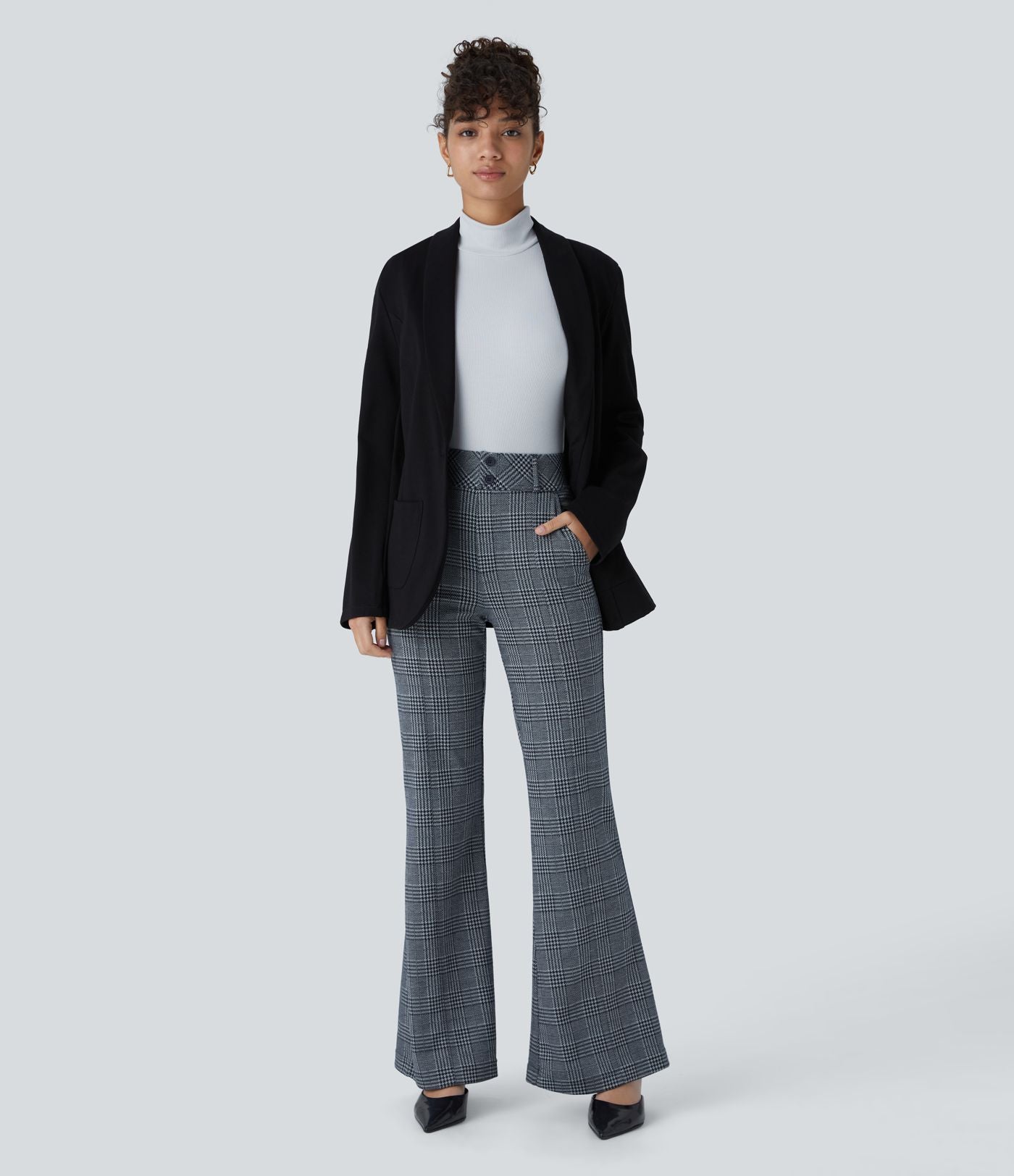 Halara Flex™ Pantalon tailleur évasé à carreaux pied-de-poule, taille haute avec boutons décoratifs et poches latérales