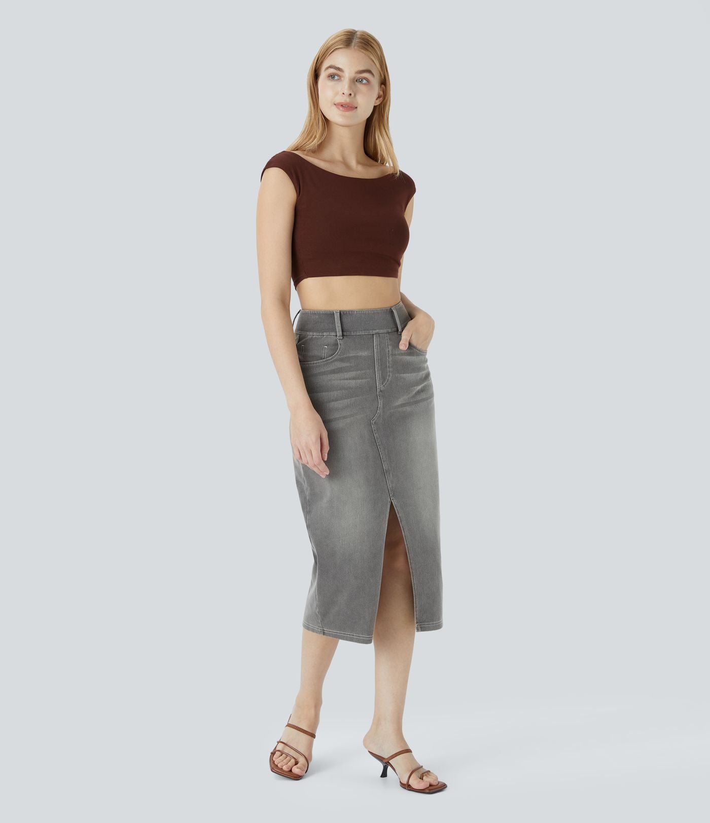 Halara Flex™ Jupe en Jean Casual Mi-Longue Délavé Extensible Plusieurs Poches Taille Haute