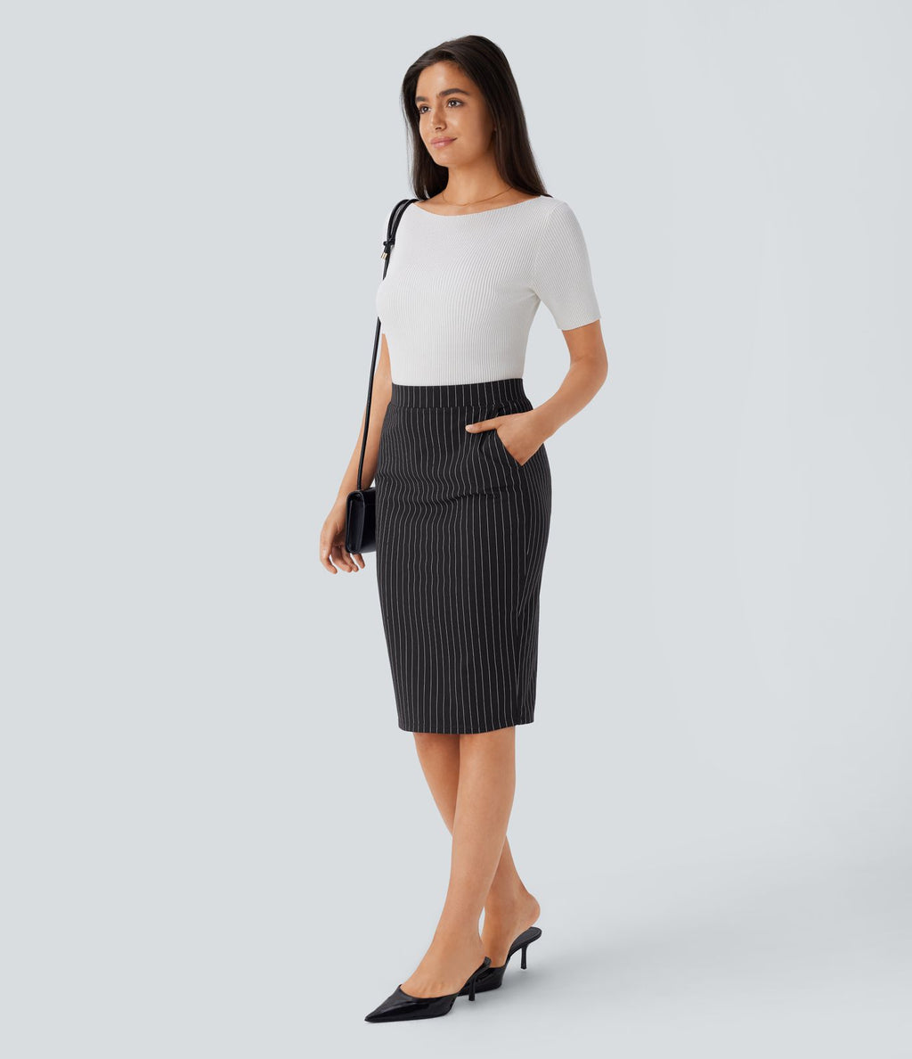 Jupe de travail moulante rayée taille haute avec poches et fentes effet frais InstantCool