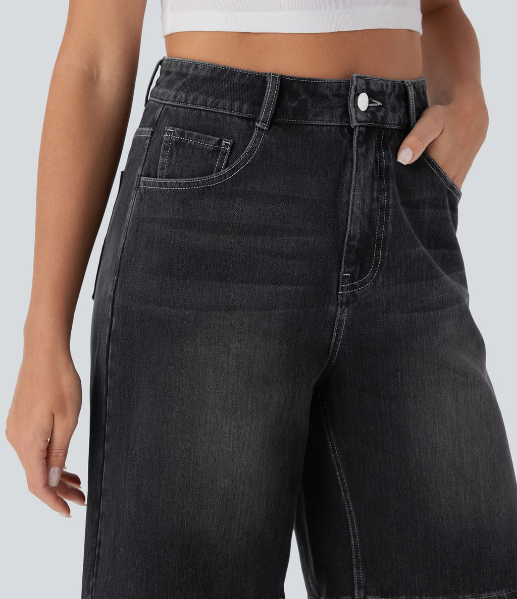 Bermuda en jean délavé Halara Flex™ taille haute à poches multiples