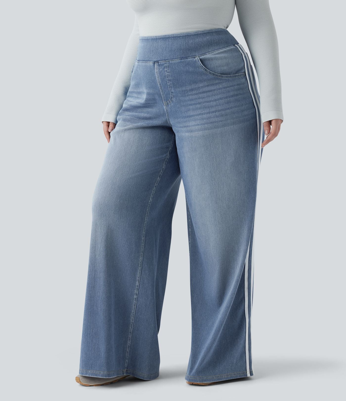 Halara Flex™ Jean large fluide taille haute à rayures délavé décontracté grande taille avec poches