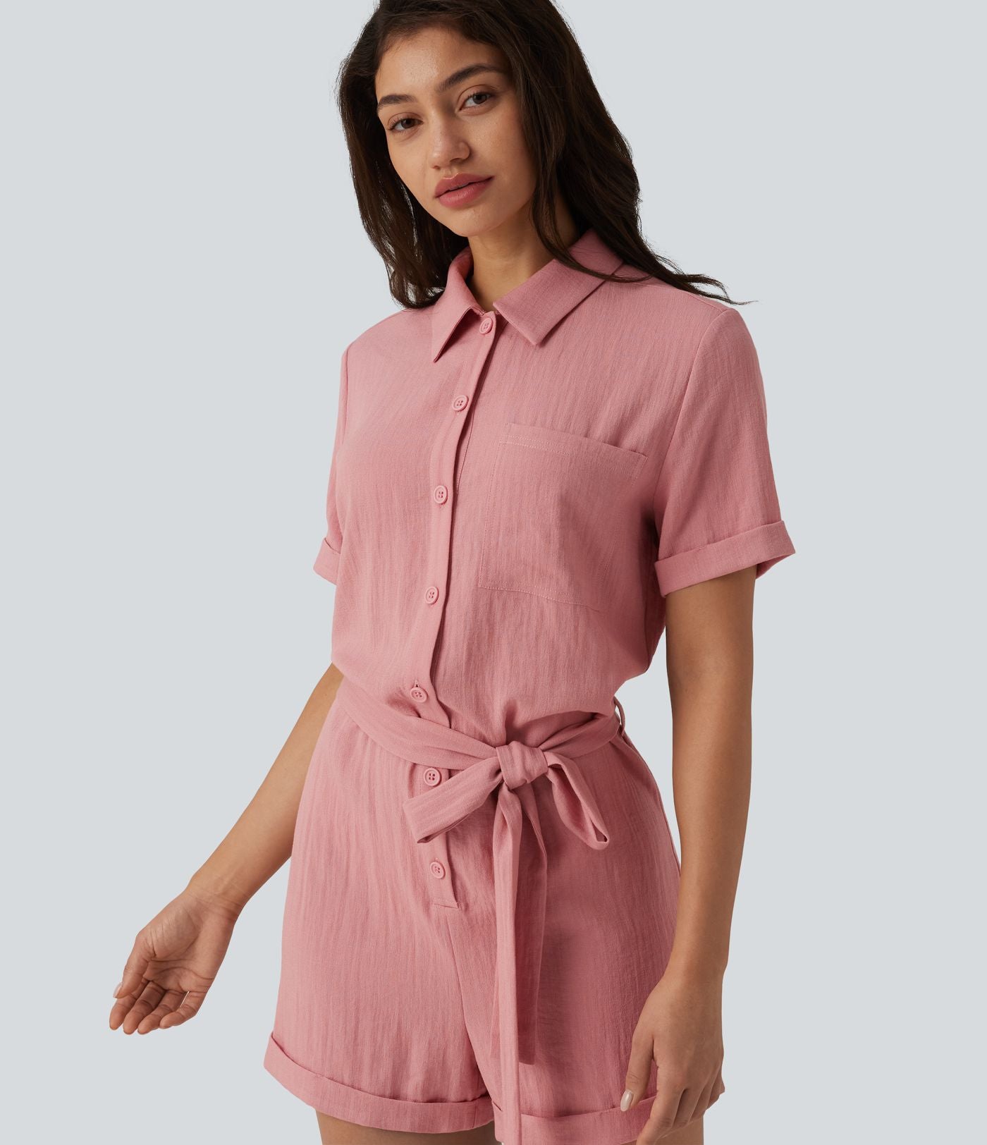 Combishort chemise manches courtes effet lin, avec ceinture et poche