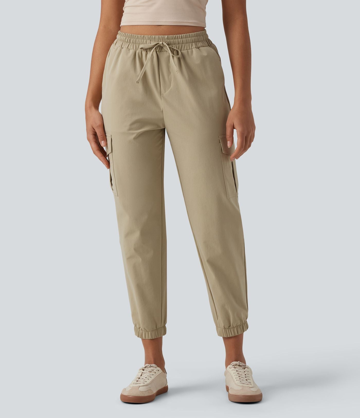 Jogging cargo décontracté popeline extensible taille mi-haute avec cordon de serrage et poches