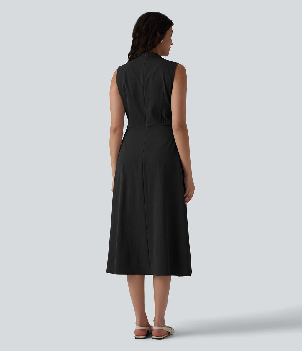 Robe mi-longue plissée col V sans manches avec fermeture éclair invisible et poches pour le travail