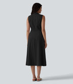 Robe mi-longue plissée col V sans manches avec fermeture éclair invisible et poches pour le travail