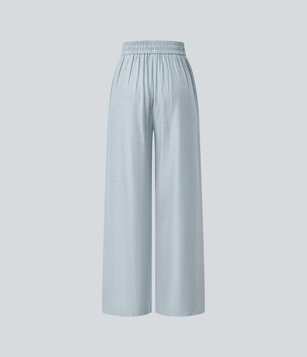 Pantalon casual large mélange lin taille haute avec cordon de serrage et poches